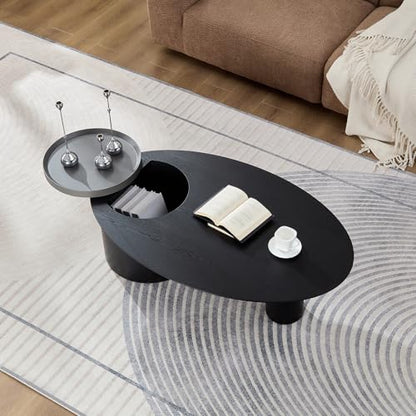 47.24" Modern Coffee Table with Storage Space, Round Low End Table, Rustic Style Bedside Table for Bedroom Living Room - color: Oval+tray-black