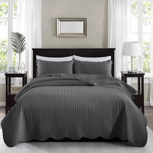 MOONLIGHT20015 Quilt Queen Size (90" x 96") with 2 Pillow Shams (20" x 26"+2") for All Season - 3 Pcs Lightweight Bedding Set Reversible Coverlet Embossed Quilted Bedspread (Charcoal/Dark Grey) - color: Charcoal/Dark Grey, size: Full/Queen