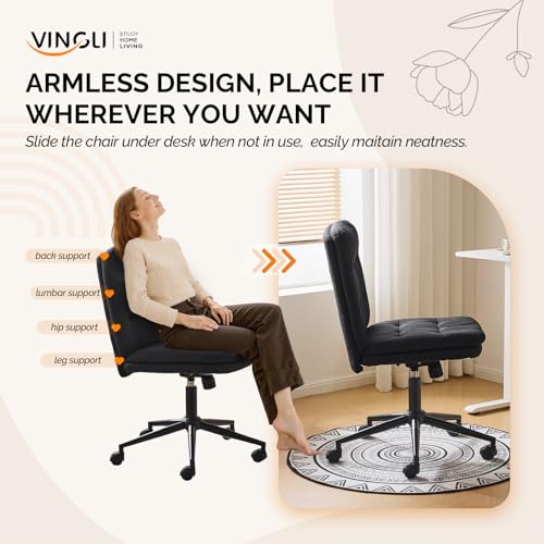 VINGLI Mid Back Armless Office Desk Chair with Wheels/no Wheels,360°Rocking Swivel Vanity Chair with Thickened Cushion,Adjustable Height Rolling for Reading Room, Make up, Linen Black - color: Black