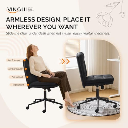 VINGLI Mid Back Armless Office Desk Chair with Wheels/no Wheels,360°Rocking Swivel Vanity Chair with Thickened Cushion,Adjustable Height Rolling for Reading Room, Make up, Linen Black - color: Black