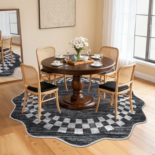 GarveeHome Washable Scalloped Round Rug 4ft Modern Solid Color Circle Rugs | Non Slip Low Pile Living Room Throw Carpat Bedroom Scalloped Round Area Rug Stain Resistant Bordered Rug for Kitchen, 4'x4' - color: Scalloped Dark Grey, size: 4' (Round)