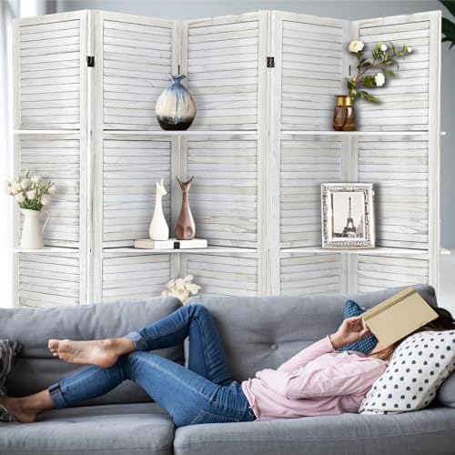 RHF Panel 5.6 Ft Tall Partition Wood Room Divider, Wood Folding Room Divider Screens, Panel Divider&Room Dividers, Room Dividers and Folding Privacy Screens with Shelves (Coconut, 5 Panel) - color: Coconut, style: 5 Panel