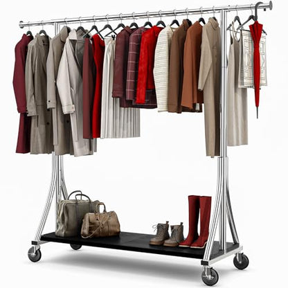 MAXLEAD Clothes Rack, Clothing Rack with Wood Shelves 500 LBS Heavy Duty Garment Rack for Hanging Clothes Portable Closet Sturdy Coat Rack for Bedroom, Living Room, Laundry, Balcony, Silver | Heavy Duty Garment Rack, Easy Assemble Portable Closet Sturdy C