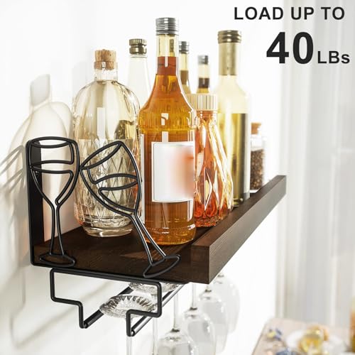 Love-KANKEI Wine Rack with Stemware Hanger,Solid Wood,17inch,Dark Brown | Wine Glass Rack,Floating Wall Shelf,Easy to Install,40 Lbs/shelf,For Kitchen,Dinning Room,Home Bar,Living Room,Elegant Design - color: Dark Brown