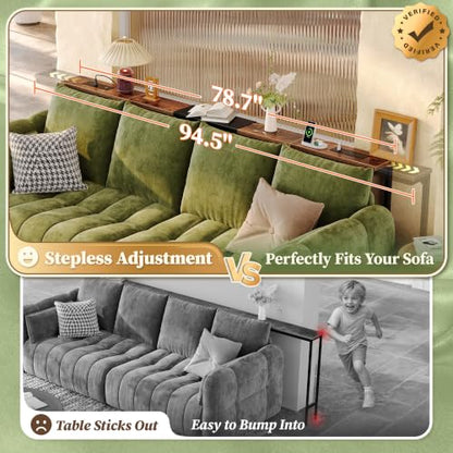 Huuger 78.7-94.5'' Extendable Behind Couch Table with Outlets, Rustic Brown | Stepless Length Adjustment, 2 Power Stations with USB-C Ports, Long Console Table, Slim Sofa Table - color: Rustic Brown, size: 78.7- 94.4"W x 29.5"H