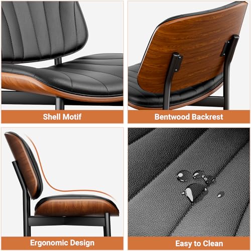 YaFiti Mid Century Dining Chairs Set of 2 with Walnut Bentwood, Black | Ergonomic Walnut Backrest, Upholstered Waterproof PU Leather Seat, Stable Metal Legs, Adjustable Footpads, Apartment Friendly - color: Black Scallop