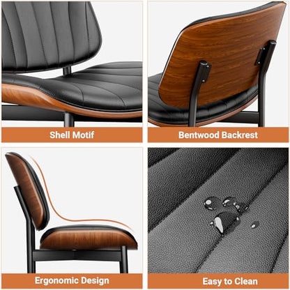 YaFiti Mid Century Dining Chairs Set of 2 with Walnut Bentwood, Black | Ergonomic Walnut Backrest, Upholstered Waterproof PU Leather Seat, Stable Metal Legs, Adjustable Footpads, Apartment Friendly - color: Black Scallop
