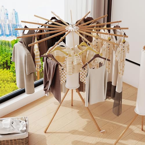 LIENAHU Clothes Drying Rack Tripod,Drying Rack Clothing,Laundry Drying Rack,Floor Standing,16 Wooden Poles,Collapsible Drying Racks for Laundry,Retractable,Foldable,Folding - style: 16 Wooden poles