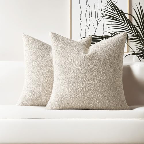 HAUSSY Pack of 2 Pillow Covers 18x18 Inch, Boucle Decorative Throw Pillows Soft Boho Neutral Cushion Covers Home Decor Modern Pillow Cases for Couch Living Room Sofa Bed, Beige (Covers Only) - color: Beige, size: 18" x 18" (Pack of 2)