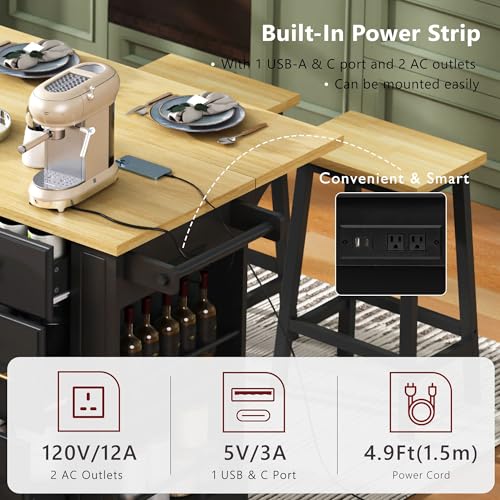 Charging Kitchen Island with 6 Drawers & Drop Leaf, Mobile Cabinet w/Trash Bin Compartment (Not Included), Rustic Wood Cart for Small Spaces (Black/D6) - color: Black/D6)