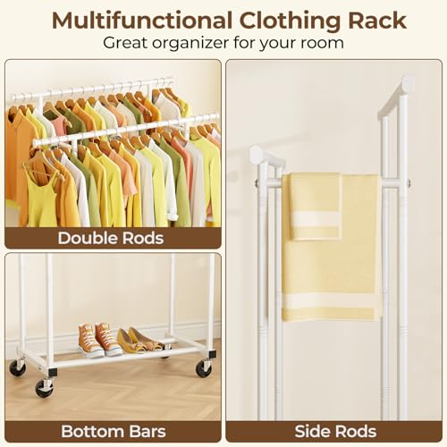 HYSEYY Double Rods Clothes Rack, Rolling Clothing Rack for Hanging Clothes Portable Wardrobe Rack, Metal Garment Rack Sturdy Coat Rack for Bedroom Laundry Living Room, White - color: White