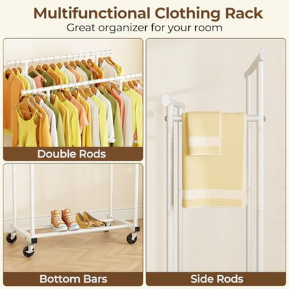 HYSEYY Double Rods Clothes Rack, Rolling Clothing Rack for Hanging Clothes Portable Wardrobe Rack, Metal Garment Rack Sturdy Coat Rack for Bedroom Laundry Living Room, White - color: White
