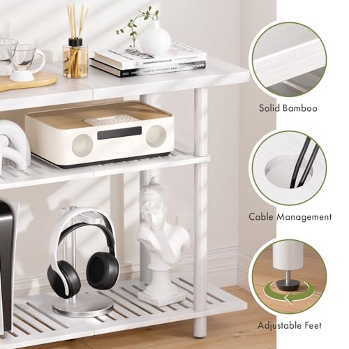 Bamboo TV Stand, Small TV Stands for up to 32 Inch, 3-Tier Console Table with Storage, Sturdy Entertainment Center TV Shelf, Entryway Table for Bedroom Small Space, White - color: White