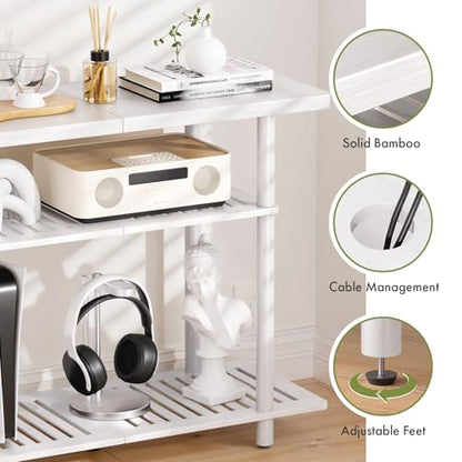 Bamboo TV Stand, Small TV Stands for up to 32 Inch, 3-Tier Console Table with Storage, Sturdy Entertainment Center TV Shelf, Entryway Table for Bedroom Small Space, White - color: White