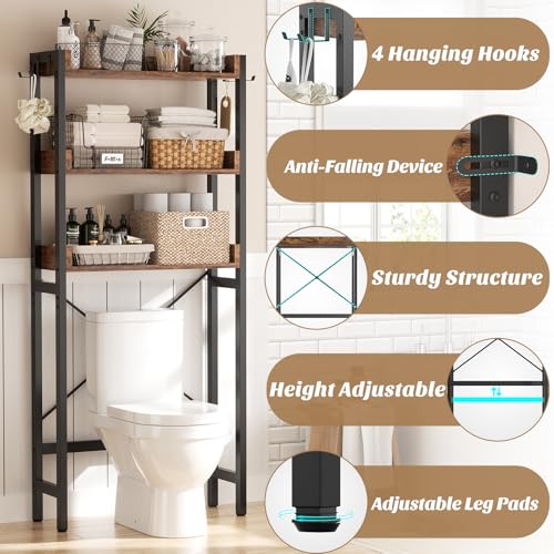 Ecoprsio Over-The-Toilet Storage Rack, 3-Tier Bathroom Organizer Shelf Over Toilet, Freestanding Space Saver Toilet Stands with 4 Hooks, Rustic Brown - color: Rustic Brown