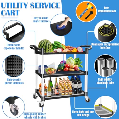 Utility Carts with Wheels, Rolling Kitchen Cart, 3 Tier Cart, Food Service Cart, Restaurant Kitchen Cart, Plastic Heavy Duty Cart for Office Business, 510lbs 16.9" D x 31.5" W x 37.8" H