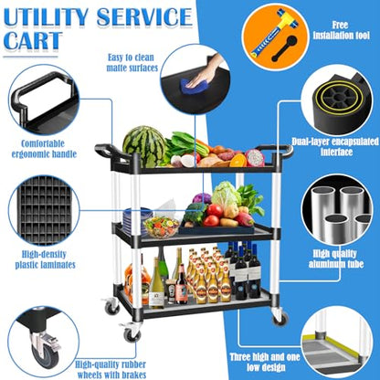 Utility Carts with Wheels, Rolling Kitchen Cart, 3 Tier Cart, Food Service Cart, Restaurant Kitchen Cart, Plastic Heavy Duty Cart for Office Business, 510lbs 16.9" D x 31.5" W x 37.8" H