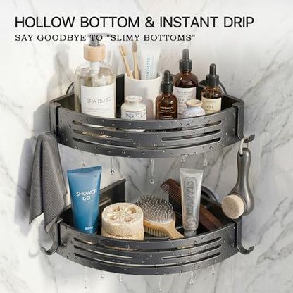 Shower Caddy Suction Cup, Rustproof Aluminum Shower Shelves with Hooks, No-Drilling Upgrade Bionic Suction Cup Shower Organizer, Removable Bathroom Storage Corner Shelf (Grey)