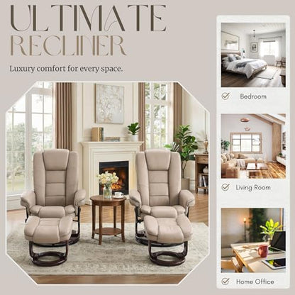 Swivel Recliner Chair with Ottoman Reclining Lounge Sofa Footrest, Set of 2 | 360°Sturdy Wood Base, Soft Faux Leather, Upholstered Ultra-Plush Foam, Modern Armchair, Living Room Bedroom Office Reading - color: Taupe, size: Set of 2