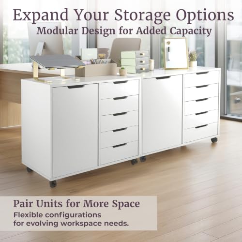 5 Drawer Office Storage Cabinet - Wooden Lateral File Cabinet with 5 Drawers, Door, and Adjustable Shelves - Rolling Printer Stand for Home Office Organization and Storage by Lavish Home (White)