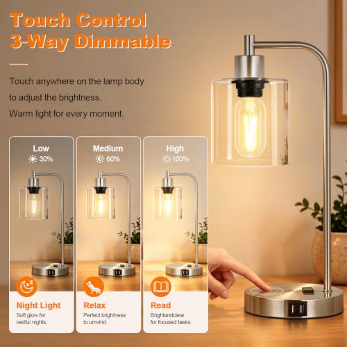 Industrial Touch Control Table Lamps Set of 2 - Brushed Nickel Nightstand Bedside Lamps with 2 USB Ports & AC Outlet, 3-Way Dimmable Desk Lamp for Bedroom Living Room, Glass Shade & LED Bulbs Included - color: Brushed Nickel(2 pack) - Clear Glass-Touch Co