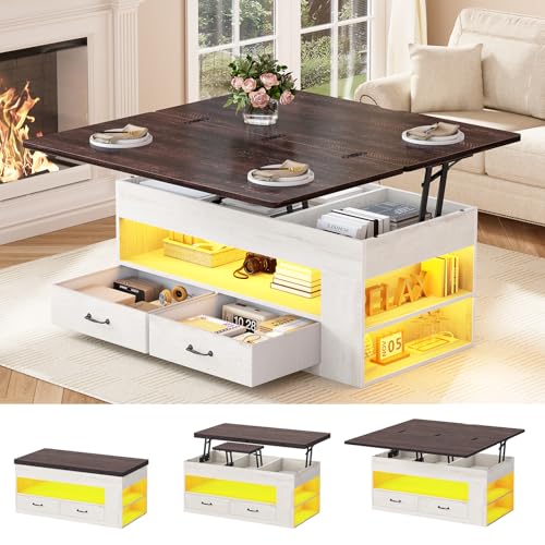 Itaar Lift Top Coffee Table, 4 in 1 Coffee Tables with Storage and Hidden Compartment, Farmhouse Coffee Table with 2 Fabric Drawers & LED Light for Living Room, White - color: White