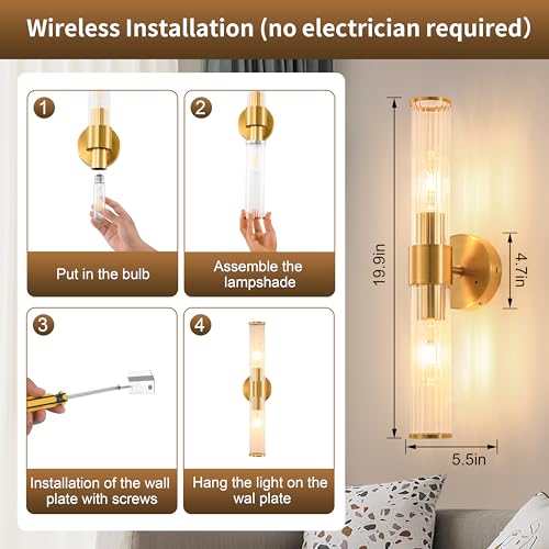 Morauroral Brushed Gold Battery Operated Wall Sconce, Dimmable Rechargeable Wall Light with Remote, Touch Control, Modern LED Wireless Sconce for Living Room, Bedroom, 20 Inch - color: Brushed Gold（1 Pack）