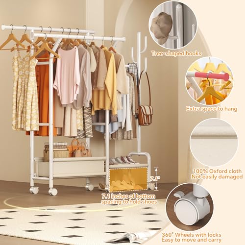 Homeiju Heavy Duty Clothes Rack Load 500LBS, Three Rods Clothing Racks for Hanging Clothes Extendable, Rolling Garment Rack with Sturdy Wheels, Basket, Storage Shelves, White - color: White
