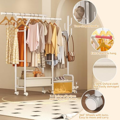 Homeiju Heavy Duty Clothes Rack Load 500LBS, Three Rods Clothing Racks for Hanging Clothes Extendable, Rolling Garment Rack with Sturdy Wheels, Basket, Storage Shelves, White - color: White