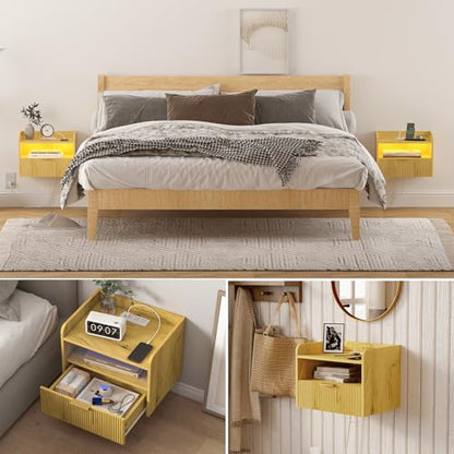 Veegle Floating Nightstand with Charging Station and LED Lights (Yellow Oak) - color: Yellow Oak