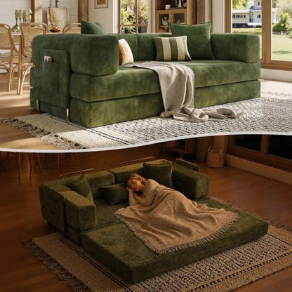79" Convertible Futon Sofa Bed, Boneless Couch for Living Room | Pet scratch-resistant velour, dual-firmness full-block foam cushions, pull-out sleeper couch, no assembly, Green - color: Green, size: 78IN