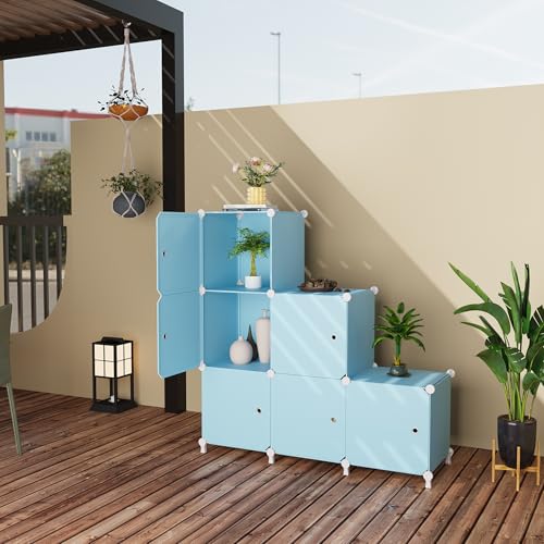 6Cube Storage Organizer Modular Stackable with Doors Blue | Sturdy plastic 6-cube cabinet with doors, 30x30x30cm per cube, tool-free snap assembly, ideal for bedroom, stairs, closet. - color: Blue