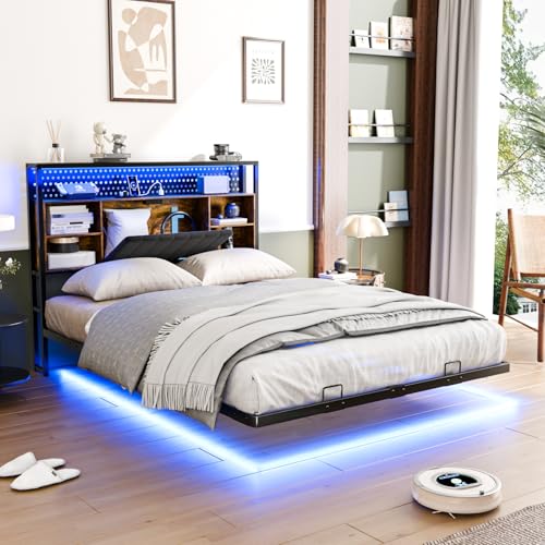 VINGLI Full Size Floating Bed Frame with Headboard, LED Lights & Charging Station, Cozy Velvet Upholstered Headboard, Hidden Storage, Heavy Duty Metal Frame, No Box Spring Needed, Easy Assembly, Black - color: Industrial Brown, size: Full