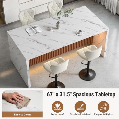 67" Kitchen Island Table with Faux Marble Top, Counter Height Dining Table for Kitchen, Modern Island Table with Fluted Base, Seats 4 - color: White1, size: Table Only