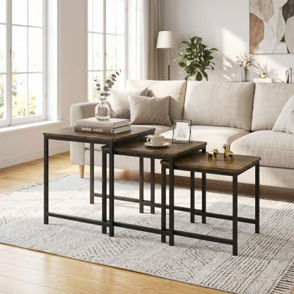 Giantex Nesting Coffee Table Set of 3, Small Center Tables for Living Room | Modern Coffee Table with Metal Frame, Space-Saving Stacking End Table for Small Space - color: Rustic Brown