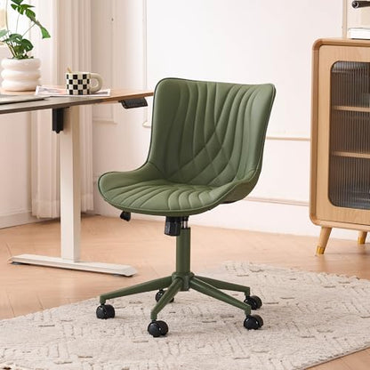 YOUTASTE Green Armless Office Chair, Modern Adjustable Swivel Desk Chair with Wheels, Upholstered PU Leather, Green Metal Legs, Back Support for Home Office, Study, Vanity, Bedroom - color: All Green