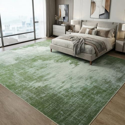 5'x7' Sage Green Faded Abstract Faux Wool Area Rug Living Room Soft | Modern Machine Wash Non-Slip Rug Throws, Kid-Friendly Low Profile Carpet for Bedroom, Kids Room, Farmhouse Under Bed, Green - color: Woodland‌, size: 5' x 7' (Rectangular)