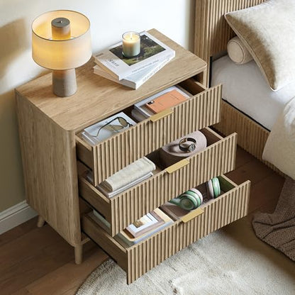 Evermagin 31.5" W Oversized Large Fluted Nightstands Set of 2 | 3 Drawers Light Wood Night Stand Bedside Table, Mid Century Modern Small Dresser for Bedroom, livingroom, Natural Oak - color: Oak, size: 15.78"D x 31.5"W x 29.35"H (3 Drawers)