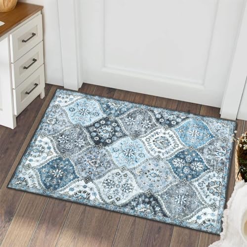 ROYHOME Washable Area Rug Moroccan Trellis Entryway Rug Doormat, 2' x 3' | Stain Resistant Non-Slip Accent Rug Vintage Medallion Distressed Floor Carpet for Front Entrance Kitchen Bathroom, Blue/Grey - color: Blue/Grey, size: 2' x 3'
