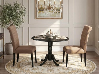 East West Furniture DLBR3-BLK-17 3 Piece Dining Room Furniture Set Contains a Round Dining Table with Dropleaf and 2 Light Sable Linen Fabric Upholstered Chairs, 42x42 Inch, Black - color: Dlbr3-blk-17