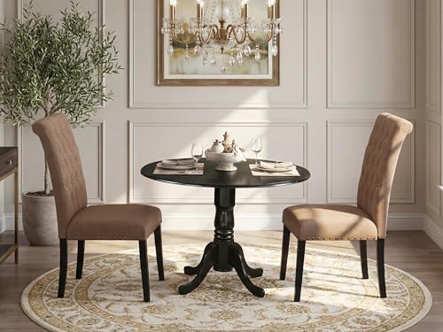 East West Furniture DLBR3-BLK-17 3 Piece Dining Room Furniture Set Contains a Round Dining Table with Dropleaf and 2 Light Sable Linen Fabric Upholstered Chairs, 42x42 Inch, Black - color: Dlbr3-blk-17