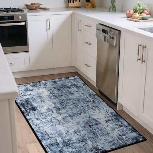 Rugflix 3x5 Entrance Rugs, Washable Navy Blue Dark Entry Small Rug | Machine Washable; Stain-Resistant; Low Pile; Non-Slip; Modern Abstract; Black Carpet for Entryway Kitchen Hallway Home - color: 01-ocean Blue, size: 3' x 5' (Rectangular)