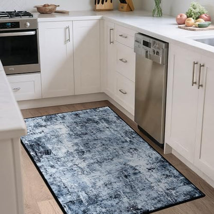 Rugflix 3x5 Entrance Rugs, Washable Navy Blue Dark Entry Small Rug | Machine Washable; Stain-Resistant; Low Pile; Non-Slip; Modern Abstract; Black Carpet for Entryway Kitchen Hallway Home - color: 01-ocean Blue, size: 3' x 5' (Rectangular)