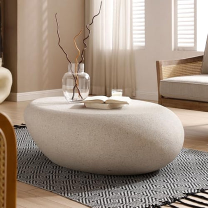 Fiberglass Coffee Table,Faux Stone Finish Indoor Outdoor Weatherproof Accent Table (43.31'') - color: 43.31'' Cream White