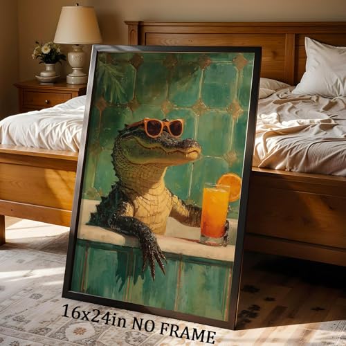 Funky Animals Wall Art Bathroom Humor Poster Animal in Bathtub Painting Aesthetic Cocktail Picture Crocodile Artwork Bathroom Drinking Pictures Funny Animal Green Poster for Restroom 16x24in Frameless - color: G3Unframed