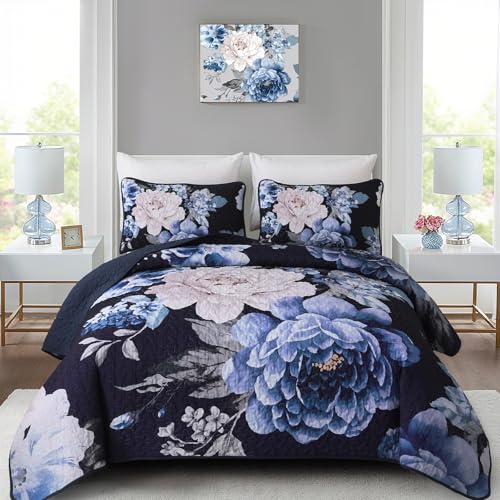 WONGS BEDDING Navy Boho Floral Quilt Set Queen, Elegant Blue Flower Bedspread Coverlet Set for All Season, 3 Pieces Farmhouse Lightweight Reversible Bedding Set with 2 Pillow Shams 96"X90" - color: Navy, size: Queen 90"×96"