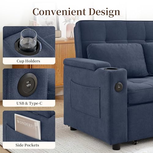 Korser 55.5'' 3-in-1 Convertible Sofa Bed, Pull Out Couch with 5-Position Adjustable Backrest, Loveseat Sleeper Sofa for Small Spaces, Sofa Couch with Cup Holders for Living Room, Office, Chenille - color: Dark Blue