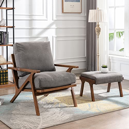 chairus Mid-Century Modern Accent Chair with Ottoman, Comfy Upholstered Lounge Armchair with Removable Cushions & Solid Wood Frame, Reading Chair for Living Room Bedroom Office, Grey Denim Fabric