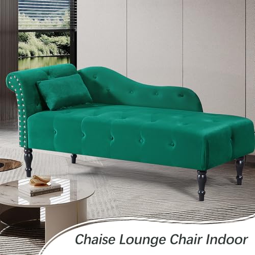 60" Modern Velvet Chaise Lounge Indoor,Upholstered Lounge Chair with Left Armrest and Lumbar Pillow, Button Tufted Lounge Sofa for Living Room Bedroom Office,Mini Chaise Longue Sofa (Green) - color: Green