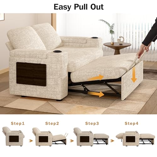 Vipbear 65" Loveseat Sleeper Sofa with Pull Out Bed, Chenille 3-in-1 Convertible Sofa Bed with Reclining Backrest|USB Ports|Cup Holders|Side Table|Storage Armrests, Tool Free Assembly, Beige - color: Beige